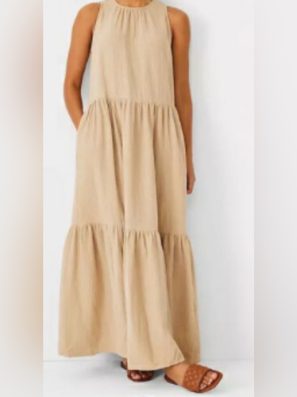 Ann Taylor 100% Cotton Gauze Tiered Maxi Dress in Beige in Size Medium E55